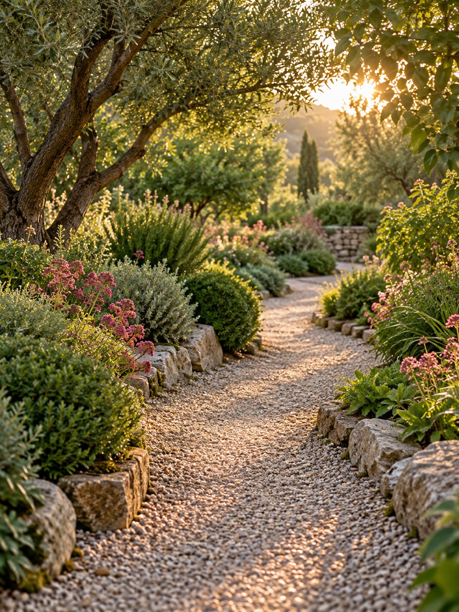 A sunlit path winding through a peaceful flower garden