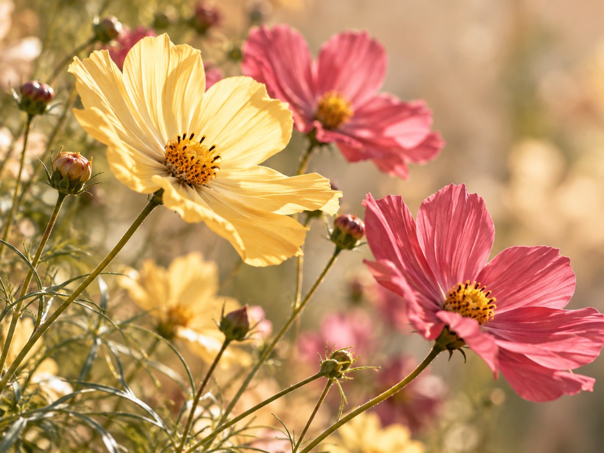 Sunshine yellow and deep pink flowers in soft natural light